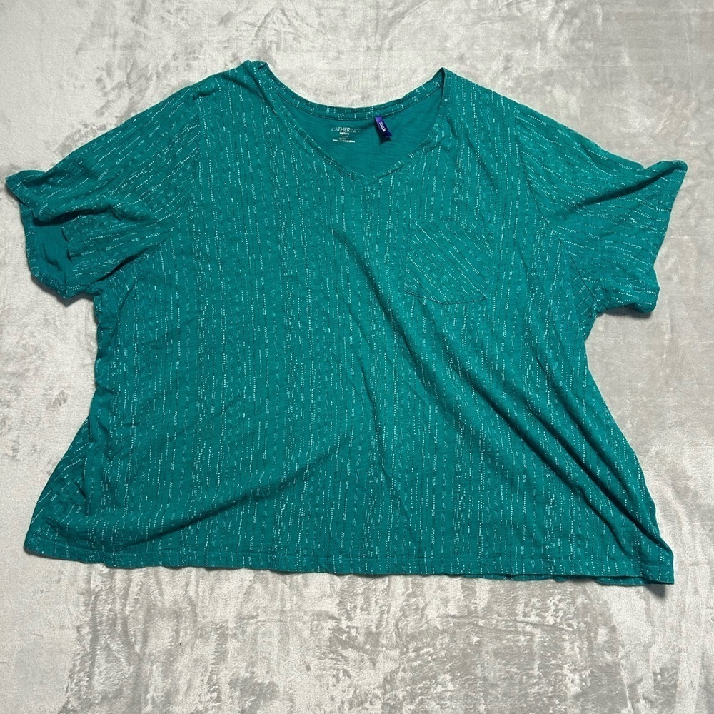 Catherine’s V Neck Short Sleeve Top Women’s 3XWP Teal Stripes Cotton